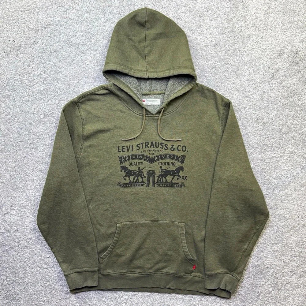 Levi's Two Horse Pull Logo Dark Olive Green Pullover Hoodie Sweatshirt Mens XXL